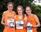 Durham City winners of the senior women, from left to right:  Rosie Smith, Chloe Price and Aiveen Fox, Northern Cross Country Relay, Graves Park, Sheffield.